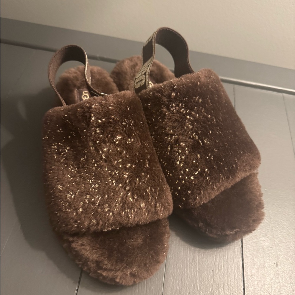 UGG Chocolate Fluffy Slippers with Metallic Highlights